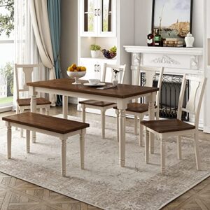 merax 6-piece classic wooden dining table set with 4 chairs and bench for kitchen, family furniture, 60 x 35.8 x 30 inch, brown