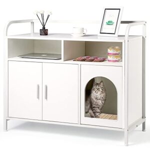 Amunrbrek Litter Box Enclosure,Cat Litter Box Furniture Hidden,Large Washroom with Scratching Pad,Modern Cabinet White