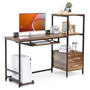 costway 55.5 inch computer desk, home office desk with shelves, 2 drawers, keyboard tray & movable cpu stand, study desk, writing workstation, laptop table for small space, rustic brown
