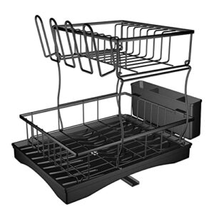 aininuoy large dish drying rack with drainboard, 2 tier stainless steel dish racks for kitchen counter, dish drainer with wine glass holder, drying rack and utensils holder set (black)
