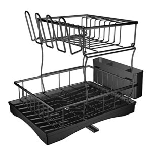 AININUOY Large Dish Drying Rack with Drainboard, 2 Tier Stainless Steel Dish Racks for Kitchen Counter, Dish Drainer with Wine Glass Holder, Drying Rack and Utensils Holder Set (Black)