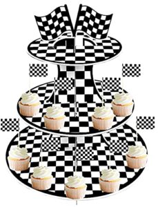 3-tier racing car theme cardboard cupcake stand/tower black and white checkered cupcake stand,24pcs racing flag cupcake toppers,racing car party supplies black and white checkered birthday party decor
