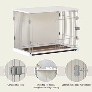 EMKK 34" Wooden Structure White Dog Cage Crate, End Table with Movable Salver, Dog House Cage Indoor Use, with Wide Table Top,Dog Crates for Large Dog Mental Wire Crates Dog Kennels Pet Dog Cage Crate