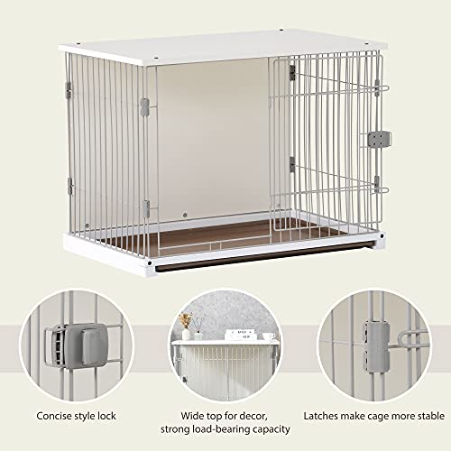 EMKK 34" Wooden Structure White Dog Cage Crate, End Table with Movable Salver, Dog House Cage Indoor Use, with Wide Table Top,Dog Crates for Large Dog Mental Wire Crates Dog Kennels Pet Dog Cage Crate