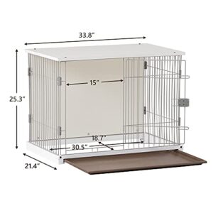 EMKK 34" Wooden Structure White Dog Cage Crate, End Table with Movable Salver, Dog House Cage Indoor Use, with Wide Table Top,Dog Crates for Large Dog Mental Wire Crates Dog Kennels Pet Dog Cage Crate