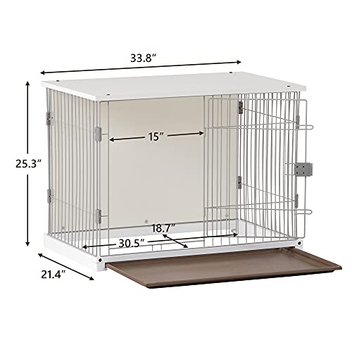 EMKK 34" Wooden Structure White Dog Cage Crate, End Table with Movable Salver, Dog House Cage Indoor Use, with Wide Table Top,Dog Crates for Large Dog Mental Wire Crates Dog Kennels Pet Dog Cage Crate