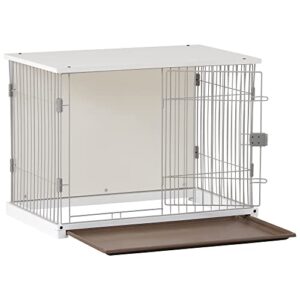 EMKK 34" Wooden Structure White Dog Cage Crate, End Table with Movable Salver, Dog House Cage Indoor Use, with Wide Table Top,Dog Crates for Large Dog Mental Wire Crates Dog Kennels Pet Dog Cage Crate