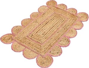 the rug cafe natural scalloped jute area rug bohemian scallop boho decor area handwoven custom rugs decorative rug natural base off color trim reversible braided woven rugs (pink 3 x 4 feet)