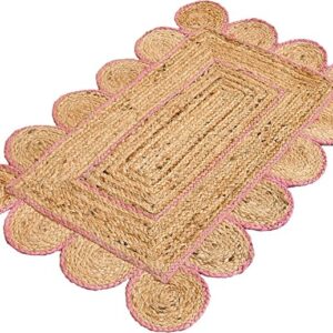 THE RUG CAFE Natural Scalloped Jute Area Rug Bohemian Scallop Boho Decor Area Handwoven Custom Rugs Decorative Rug Natural Base Off Color Trim Reversible Braided Woven Rugs (Pink 3 X 4 Feet)