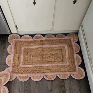 THE RUG CAFE Natural Scalloped Jute Area Rug Bohemian Scallop Boho Decor Area Handwoven Custom Rugs Decorative Rug Natural Base Off Color Trim Reversible Braided Woven Rugs (Pink 3 X 4 Feet)