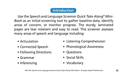 Super Duper Publications | Speech and Language Screener Quick Take Along® Mini-Book | Educational Learning Resource for Children