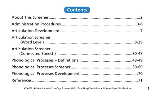 Super Duper Publications | Articulation and Phonology Screener Quick Take Along® Mini-Book | Speech Therapy | Educational Learning Resource for Children