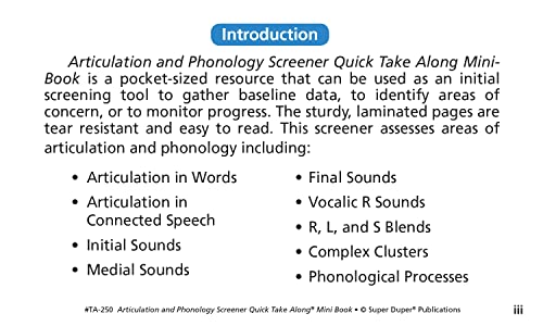 Super Duper Publications | Articulation and Phonology Screener Quick Take Along® Mini-Book | Speech Therapy | Educational Learning Resource for Children