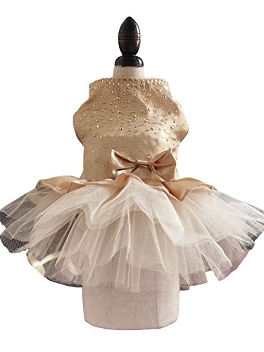 QWINEE Bow Decor Dog Dresses,Sweet Princess Cat Dress Puppy Skirt,Dog Mesh Cake Tutu Dress,Birthday Wedding Party Pet Clothes for Cat Small Medium Dog Doggie Girl Gold X-Small