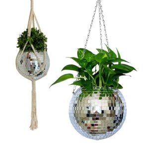 united world creations disco ball hanging planter | retro decor planter with wood stand, chain and macrame plant hanger | large 8 inch silver with drainage hole