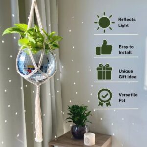 United World Creations Disco Ball Hanging Planter | Retro Decor Planter with Wood Stand, Chain and Macrame Plant Hanger | Large 8 inch Silver with Drainage Hole