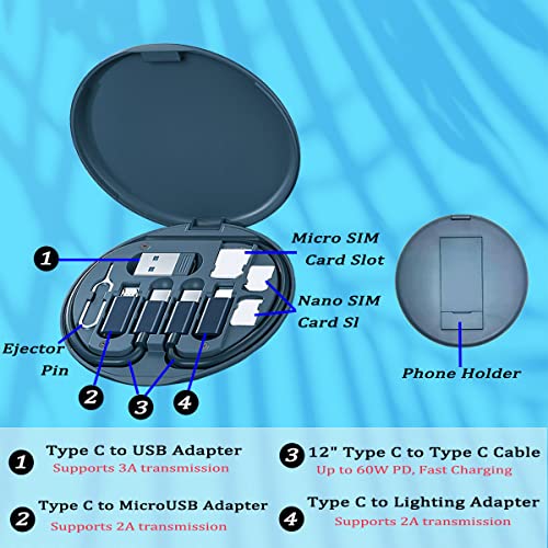 Multi USB Charging Adapter Cable Kit, USB C to Lighting Adapter Box, Conversion Set USB A & Type C to Male Micro/Type C/Lightning, Data Transfer, Card Storage, Tray Eject Pin, Phone Holder (Blue)