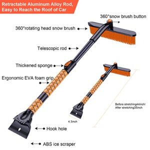 DOTAATDW 44 Inch Extendable Snow Brush and Ice Scraper for Car Windshield, 360° Pivoting Snow Scraper with Foam Grip for Car, Trucks, or SUV Window and Windshield