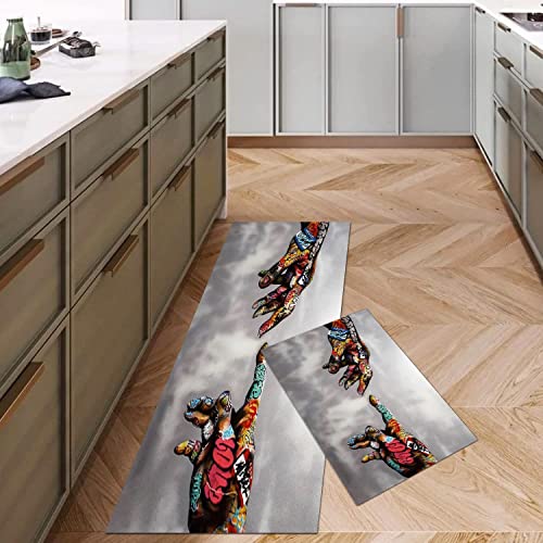 GUBIYU 2 Pieces Kitchen Rugs Red Gray Area Rugs Kitchen Mats Street Art Adam Hand of God Pop Art Banksy Rugs Desk Table Decor Anti-Slip Modern Area Rugs Living Room Balcony Bathroom Rug Carpet Doormat