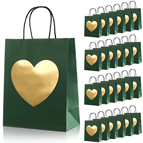 Sepamoon 24 Pcs Gift Bags with Glitter Gold Heart Print Paper Shopping Bag 8 x 10 x 4 Inch Paper Bags with Handles Bulk for Mother's Day Birthday Wedding Anniversary Holiday Party (Green)