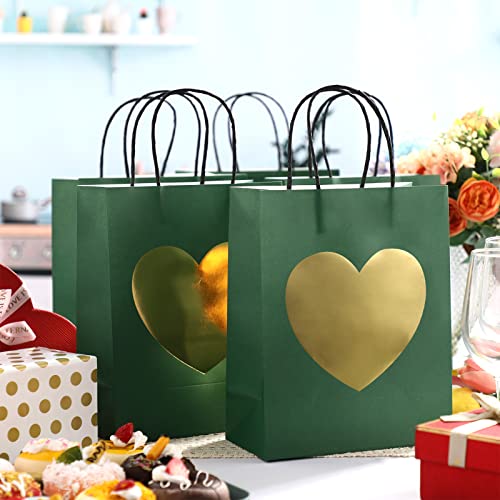 Sepamoon 24 Pcs Gift Bags with Glitter Gold Heart Print Paper Shopping Bag 8 x 10 x 4 Inch Paper Bags with Handles Bulk for Mother's Day Birthday Wedding Anniversary Holiday Party (Green)