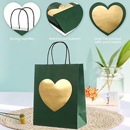 Sepamoon 24 Pcs Gift Bags with Glitter Gold Heart Print Paper Shopping Bag 8 x 10 x 4 Inch Paper Bags with Handles Bulk for Mother's Day Birthday Wedding Anniversary Holiday Party (Green)