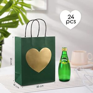 Sepamoon 24 Pcs Gift Bags with Glitter Gold Heart Print Paper Shopping Bag 8 x 10 x 4 Inch Paper Bags with Handles Bulk for Mother's Day Birthday Wedding Anniversary Holiday Party (Green)