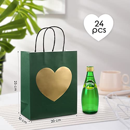 Sepamoon 24 Pcs Gift Bags with Glitter Gold Heart Print Paper Shopping Bag 8 x 10 x 4 Inch Paper Bags with Handles Bulk for Mother's Day Birthday Wedding Anniversary Holiday Party (Green)