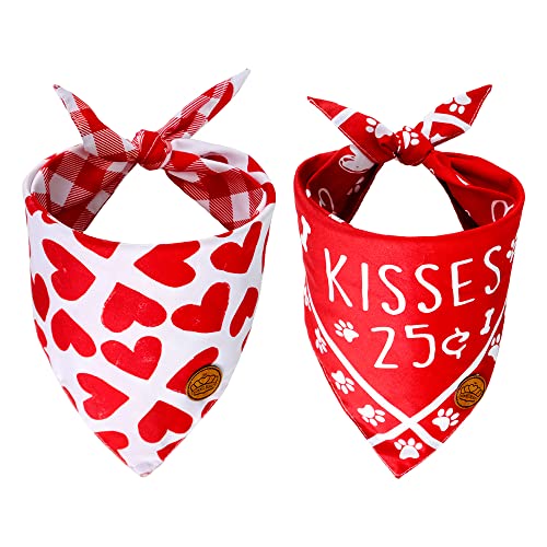 CROWNED BEAUTY Valentines Day Dog Bandanas Large 2 Pack,Kisses Adjustable Triangle Holiday Plaid Reversible Scarves for Medium Large Extra Large Dogs Pets DB15