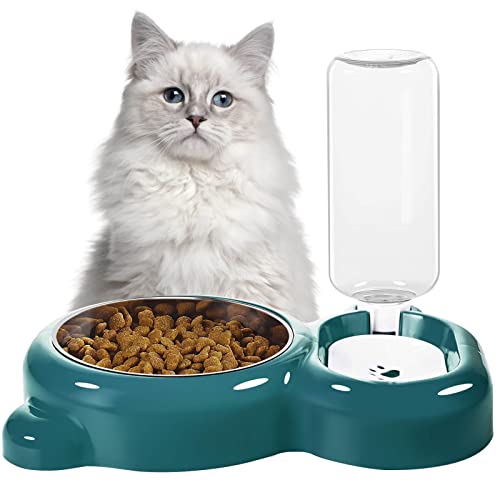 Azwraith Dog Bowls, Cat Food and Water Bowl Set with Water Dispenser and Stainless Steel Bowl for Cats and Small Dogs - Dark Green