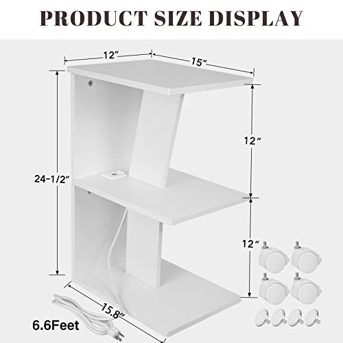 SZLHANJZ Narrow End Table, Small Side Table for Small Spaces, 3 Tier Modern Nightstand with Charging Station, Wood Couch Sofa Side Table with Storage Shelf, Night Table for Bedroom Home Dorm, White