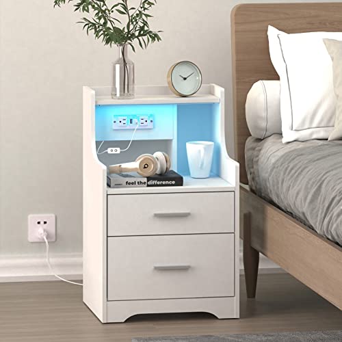 Nightstand with Charging Station & LED Lights, White Nightstand with 2 Drawers and Open Storage, Bed Side Table Night Stand for Bedroom Living Room Office, White Wood Side Table