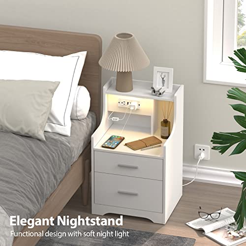 Nightstand with Charging Station & LED Lights, White Nightstand with 2 Drawers and Open Storage, Bed Side Table Night Stand for Bedroom Living Room Office, White Wood Side Table