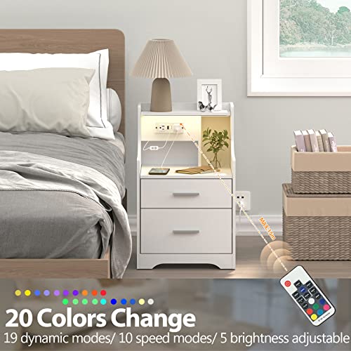 Nightstand with Charging Station & LED Lights, White Nightstand with 2 Drawers and Open Storage, Bed Side Table Night Stand for Bedroom Living Room Office, White Wood Side Table