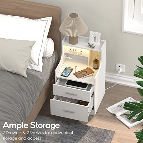 Nightstand with Charging Station & LED Lights, White Nightstand with 2 Drawers and Open Storage, Bed Side Table Night Stand for Bedroom Living Room Office, White Wood Side Table