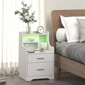 Nightstand with Charging Station & LED Lights, White Nightstand with 2 Drawers and Open Storage, Bed Side Table Night Stand for Bedroom Living Room Office, White Wood Side Table