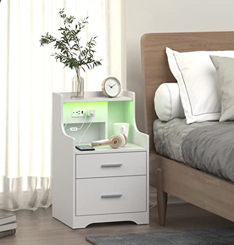 Nightstand with Charging Station & LED Lights, White Nightstand with 2 Drawers and Open Storage, Bed Side Table Night Stand for Bedroom Living Room Office, White Wood Side Table