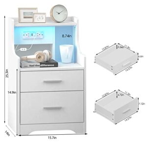 Nightstand with Charging Station & LED Lights, White Nightstand with 2 Drawers and Open Storage, Bed Side Table Night Stand for Bedroom Living Room Office, White Wood Side Table