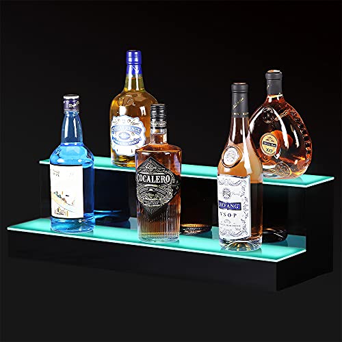 Ageszoe Acrylic LED Liquor Bottle Display Shelf 24 Inch 2 Step Acrylic Lighted Bar Shelf with RF Remote Controller for Home Commercial Bar Countertop Display Stand (2 Tier, 24 inch)