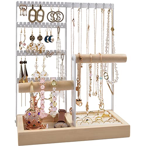 Jewelry Holder Organizer, Earring Holder Organizer with 48 Holes and Ring Tray, 6 Hooks Necklace, Bracelets Holder, 5-Tier White Jewelry Rack for Watch, Piercing, Stud, Jewelry Organizer, Room Decor