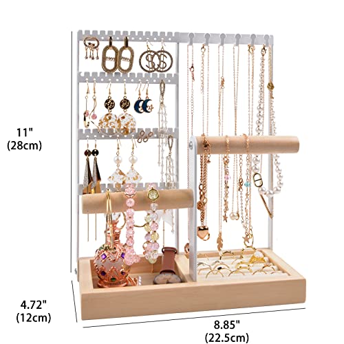 Jewelry Holder Organizer, Earring Holder Organizer with 48 Holes and Ring Tray, 6 Hooks Necklace, Bracelets Holder, 5-Tier White Jewelry Rack for Watch, Piercing, Stud, Jewelry Organizer, Room Decor