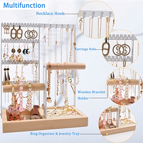 Jewelry Holder Organizer, Earring Holder Organizer with 48 Holes and Ring Tray, 6 Hooks Necklace, Bracelets Holder, 5-Tier White Jewelry Rack for Watch, Piercing, Stud, Jewelry Organizer, Room Decor