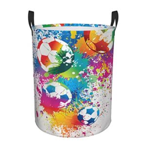 Laundry Basket,Colored Splashes All Over Soccer Balls Score Championship Athletic,Large Canvas Fabric Lightweight Storage Basket/Toy Organizer/Dirty Clothes Collapsible Waterproof For College Dorms-Large