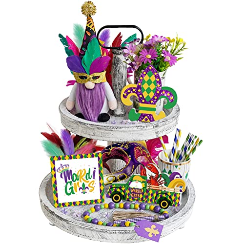 Mardi Gras Decorations,Mardi Gras Gnome Tiered Tray Decor,Mardi Grasi Gnome Plush,3X Rustic Wood Signs,Woodbead Garland,Mardi Gras Farmhouse Table Centerpiece Decor,Mardi Gras Decor