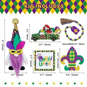 Mardi Gras Decorations,Mardi Gras Gnome Tiered Tray Decor,Mardi Grasi Gnome Plush,3X Rustic Wood Signs,Woodbead Garland,Mardi Gras Farmhouse Table Centerpiece Decor,Mardi Gras Decor