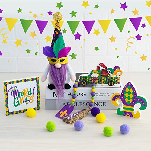 Mardi Gras Decorations,Mardi Gras Gnome Tiered Tray Decor,Mardi Grasi Gnome Plush,3X Rustic Wood Signs,Woodbead Garland,Mardi Gras Farmhouse Table Centerpiece Decor,Mardi Gras Decor