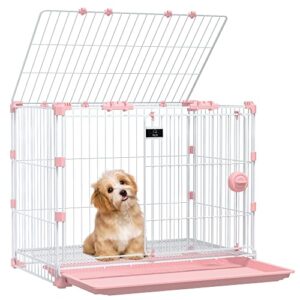 varlnaly 30 inches basic cat dog crate, medium dog kennel with double door and drawer leak-proof tray, sturdy carbon steel pet cage for medium dogs cats rabbit, pink