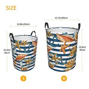 Laundry Basket,Summerwith Sea Shells Anchor,Large Canvas Fabric Lightweight Storage Basket/Toy Organizer/Dirty Clothes Collapsible Waterproof For College Dorms-Large