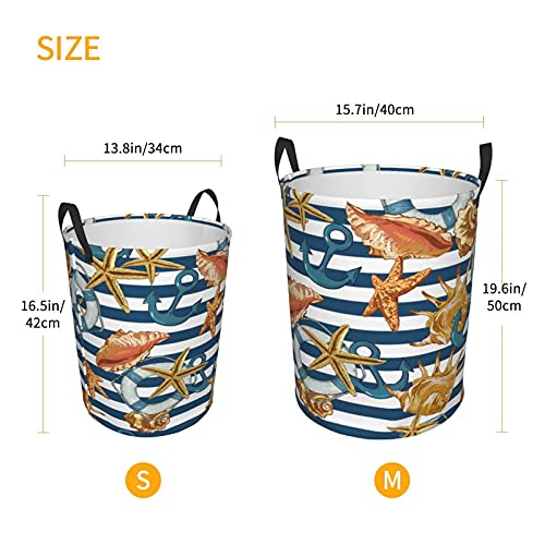 Laundry Basket,Summerwith Sea Shells Anchor,Large Canvas Fabric Lightweight Storage Basket/Toy Organizer/Dirty Clothes Collapsible Waterproof For College Dorms-Large