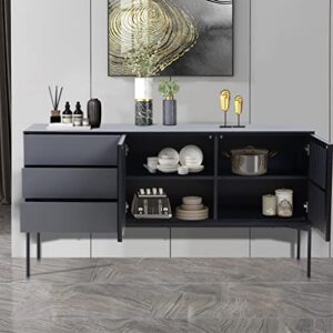 williamspace 62.4" mid-century wood cabinet buffet sideboard with 3 drawers & 2 solid wood louvered doors & 4 storages, floor storage cabinet, side standing cupboard - matte black & grey